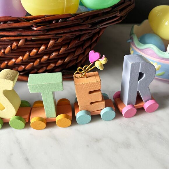 Easter Table Decor Wicker Basket - Plastic Eggs - Bunny Dishes - Wooden Letters - Picture 10 of 15
